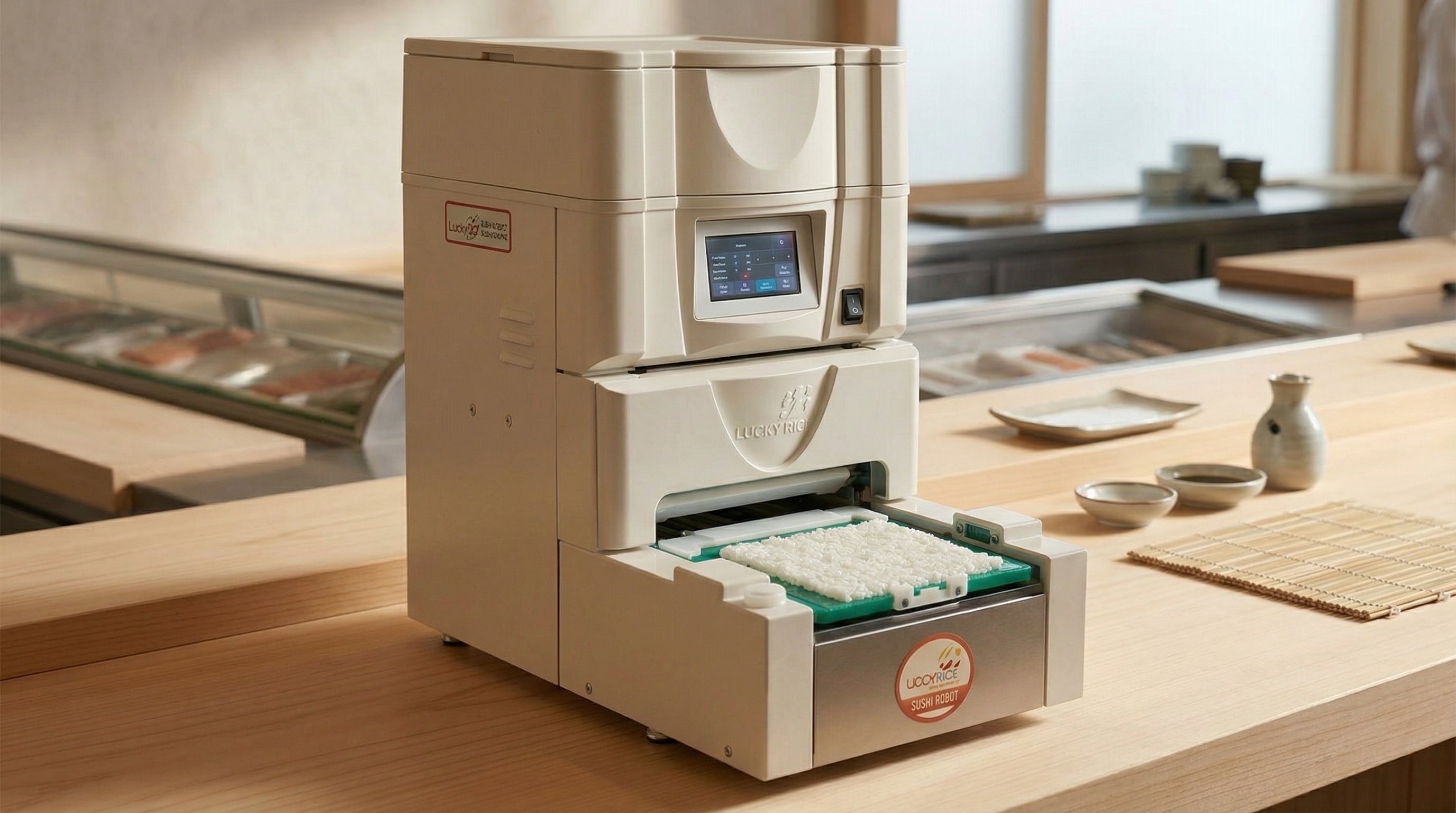 Sushi-making machine on a kitchen counter with ingredients and tools in the background